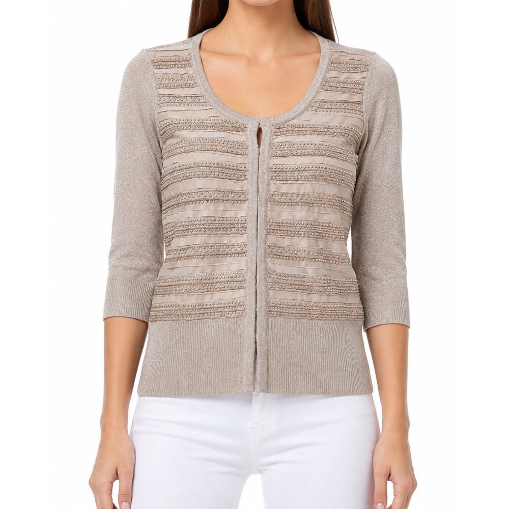 White House Black Market Womens Beaded Cardigan Sweater Champagne Gold S
